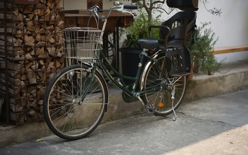 Fiets met een kinderzitje achterop en een mandje voorop, geparkeerd bij een houtstapel